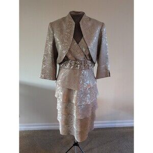R&M Richards Midi Dress/ Bolero Jacket Size 10 Tiered Beaded Gold NWT Party